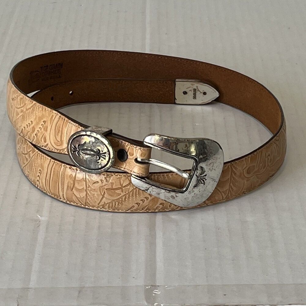 VTG 90s JUSTIN Top Grain Cowhide Leather Belt Tooled Floral Western Cowboy USA